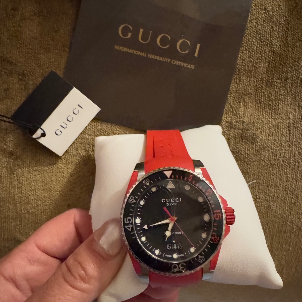 Gucci Swiss Dive Red Rubber Strap Watch
